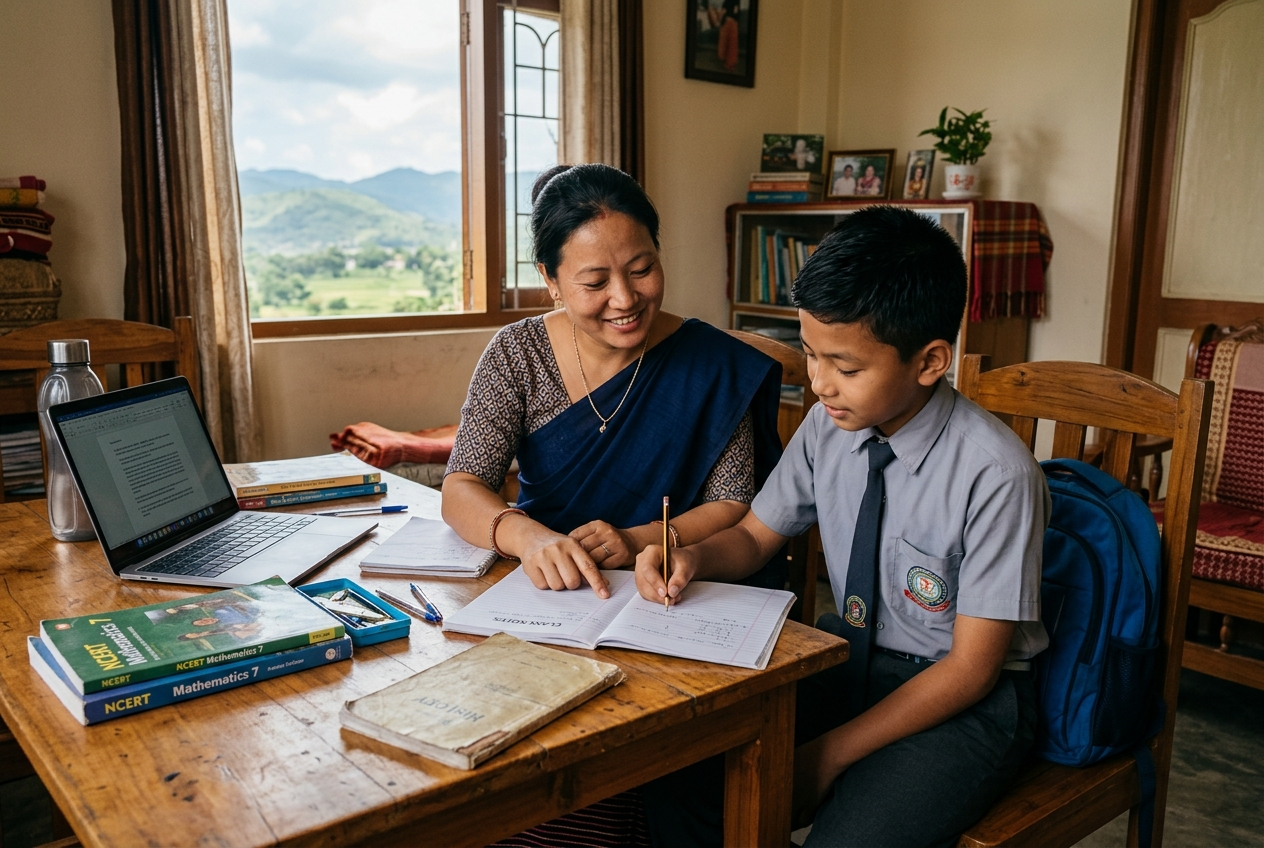 A tutor guiding a student during a home lesson